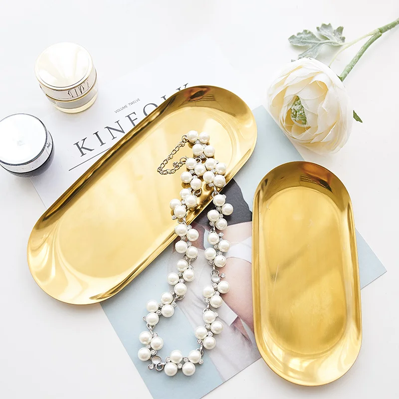 Nordic Desktop Storage Golden Stainless Steel Tray Luxurious Gold Oval Jewelry cosmetic Trays Metal Home Decor |