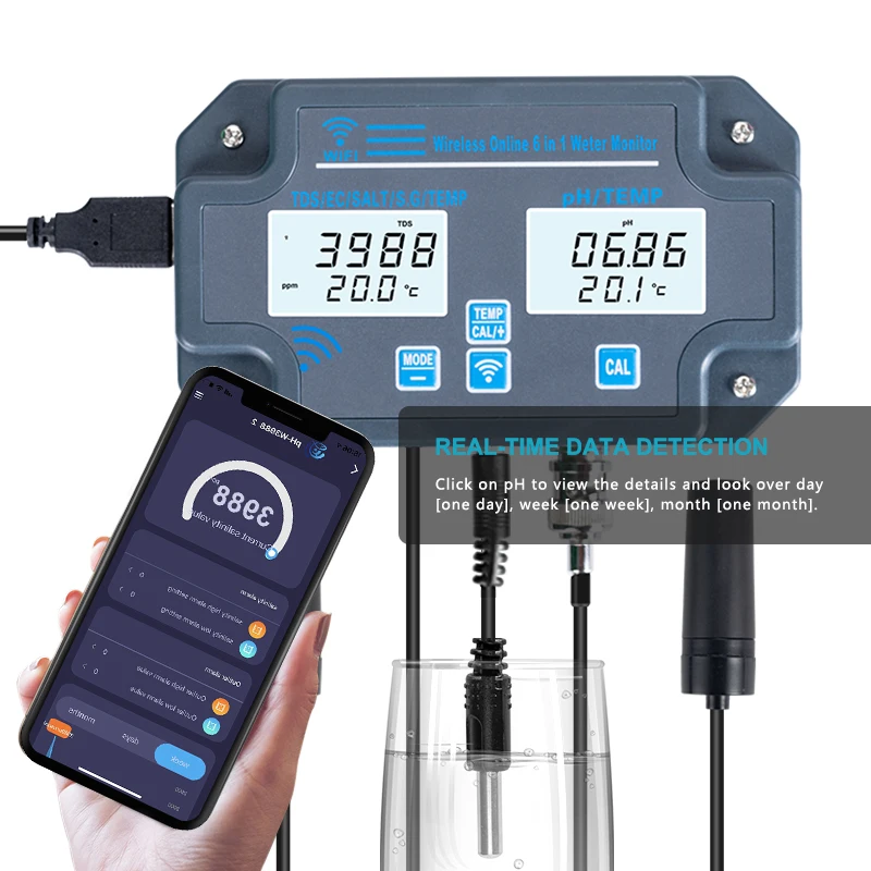 Wifi APP Online Multiparameter Water Quality Tester 6 in 1 PH EC TDS SALT S.G. Temperature Meter