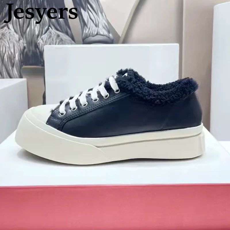 

Spring Autumn New Genuine Leather Cotton Shoes Thick Flats Shoes Women Lace-up Casual Shoes Lady Walking Shoes Vacation Sneakers