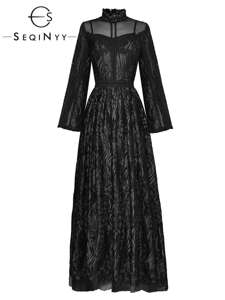 SEQINYY Elegant Long Dress Spring Autumn New Fashion Design Women Runway High Quality Embroidery Flowers Vintage Lace Party