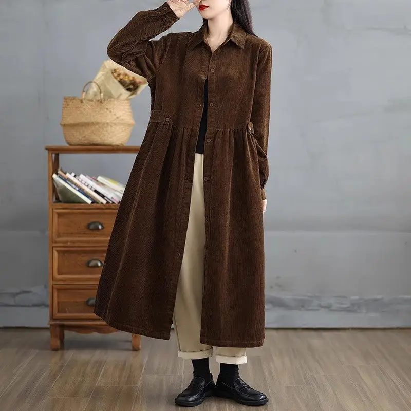 Женская Вельветовая длинная однобортная Повседневная Свободная верхняя одежда