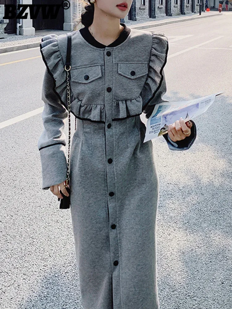 

BZVW Stand Collar Buckle With Wooden Ear Edge Stitching Design Dresses For Women 2023 Spring Autumn Elegant Casual Dress Female