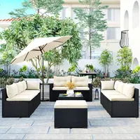 9-piece Outdoor Patio Large Wicker Sofa Set, Rattan Sofa set for Garden Backyard Porch and Poolside Black wicker Beige Cushion