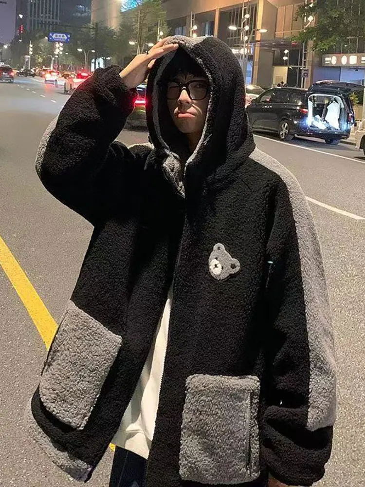 

Sherpa Jacket Men Bear Printed Hooded Padded Plush Jacket Couple Winter2022 New Korean Fashion Preppy Style Casual Loose Vintage