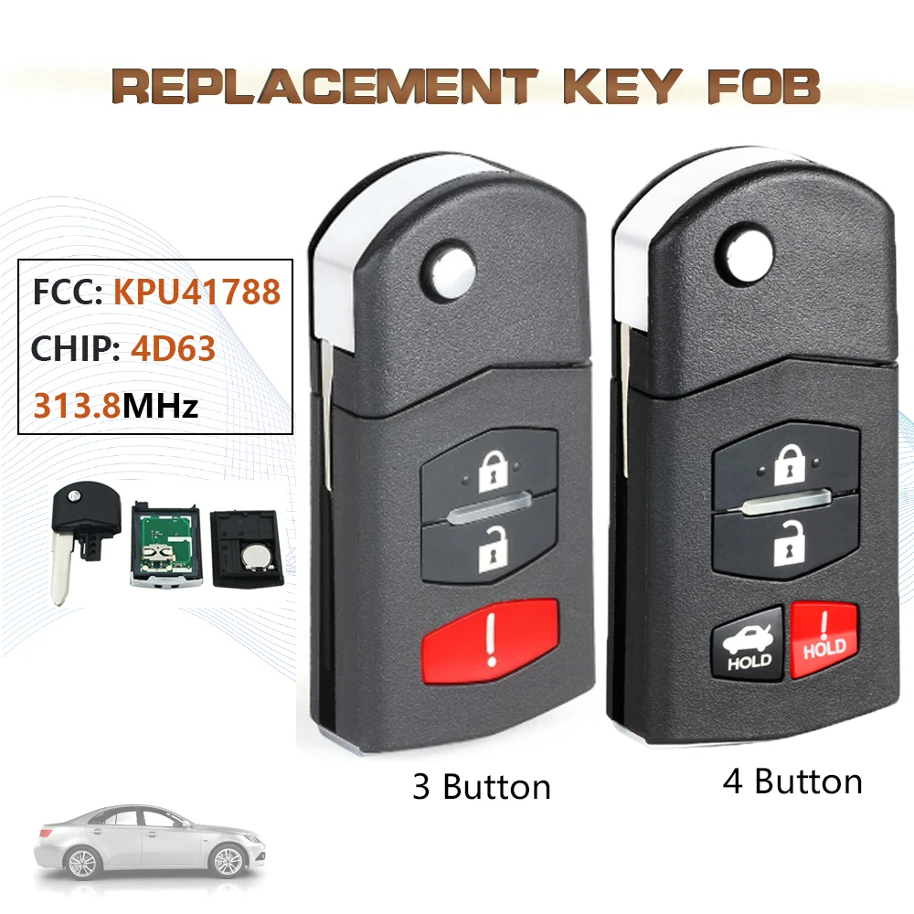 

KEYECU 313.8MHz FCC:KPU41788 3/4 Button Flip Remote Key Fob for 2004-2011 Mazda 6 RX-8 MX-5 Miata Sedan 4D63 Chip