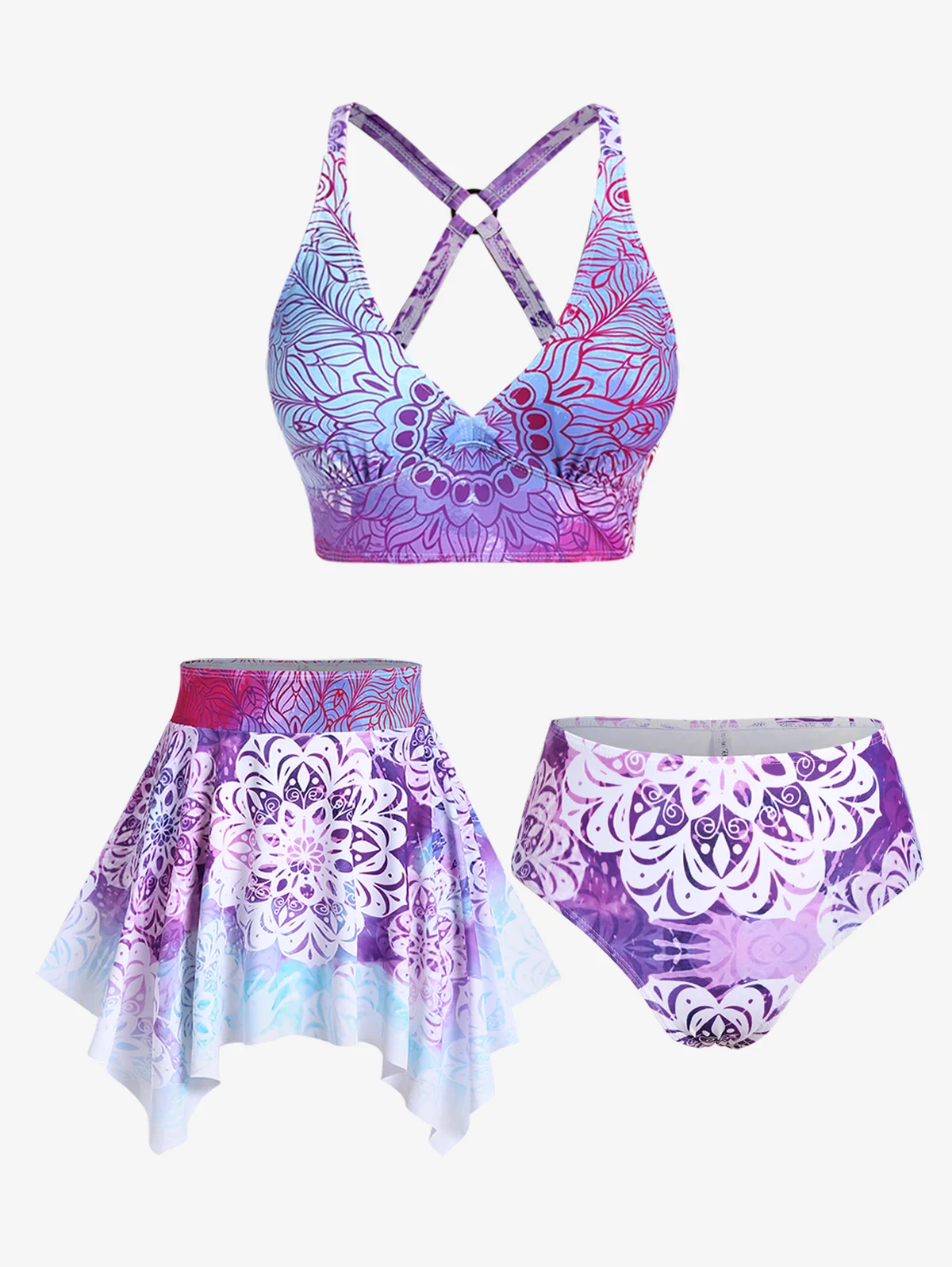 Женский купальник-танкини из трех предметов, с принтом в этническом стиле Женский купальник-танкини из трех предметов, с принтом в этническом стиле