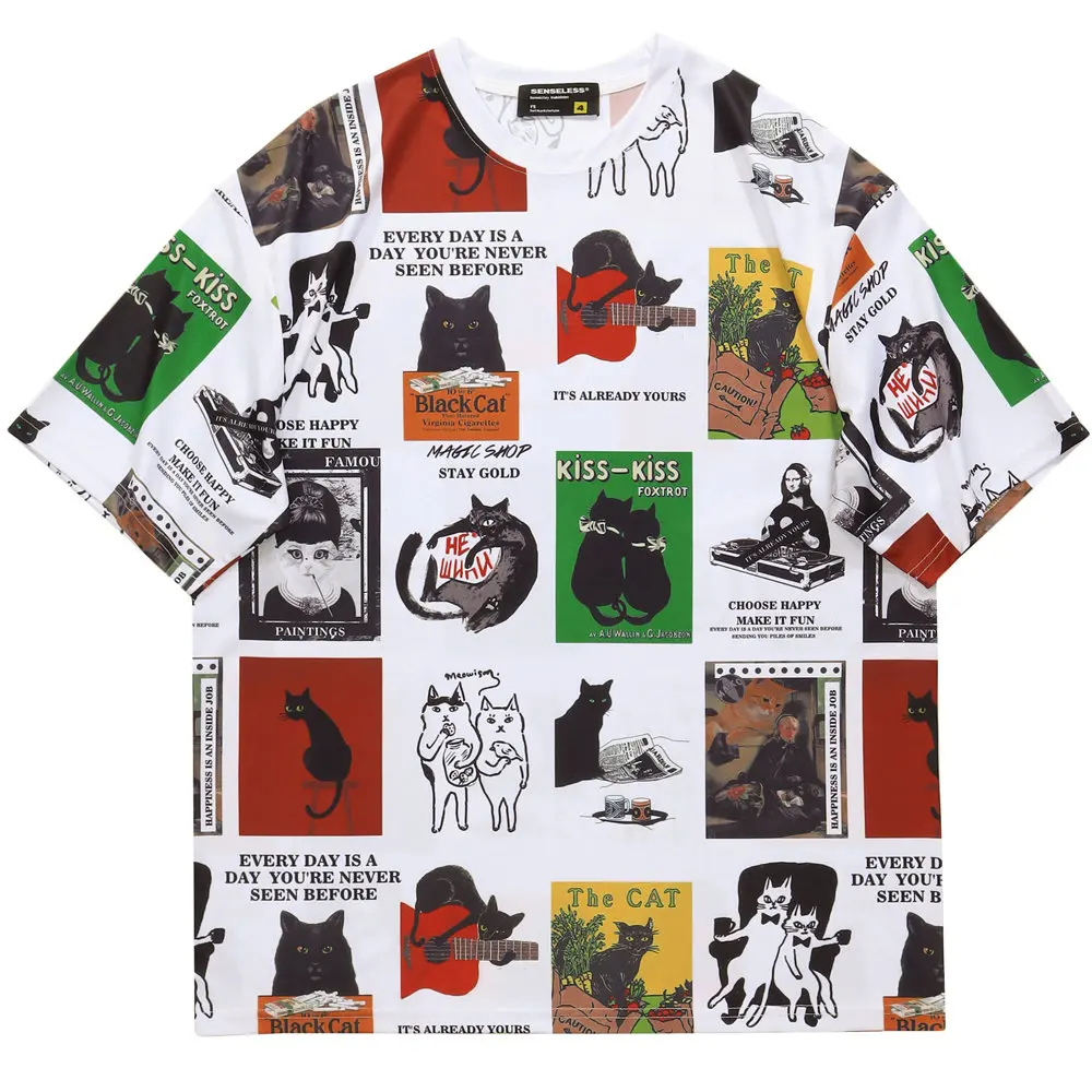 

Men T-shirt Checked Cats Digital Print Polyester O-neck Top T-shirts Harajuku Casual Streetwear Short Sleeve Oversized T-shirt