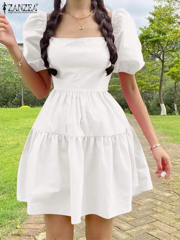 

Women Solid Elegant Short Sundress Casual Swing Mini Dresses 2022 Chic Summer Ruffle Dress ZANZEA Beach Puff Sleeve A Line Robe