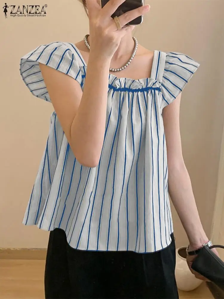 Блузка ZANZEA женская с квадратным вырезом модный элегантный топ в полоску