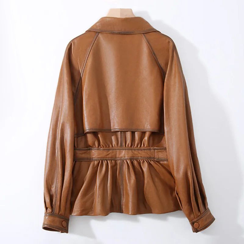 Lady Leather Jacket Genuine Sheepskin Belt Motorcycle Biker Vegetable Tanned Leather Coats Solid 2022 Fashion CL4013