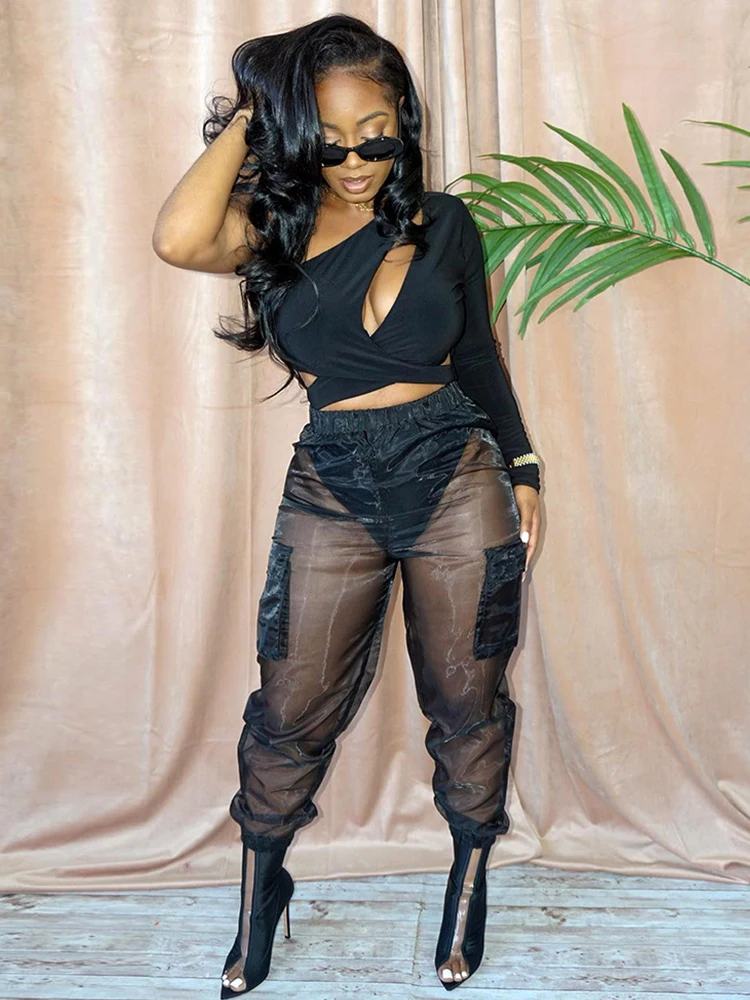 

Повседневные сетчатые прозрачные брюки для бега, женские модные черные брюки с эластичным поясом и боковыми карманами, хипстерские спортив...