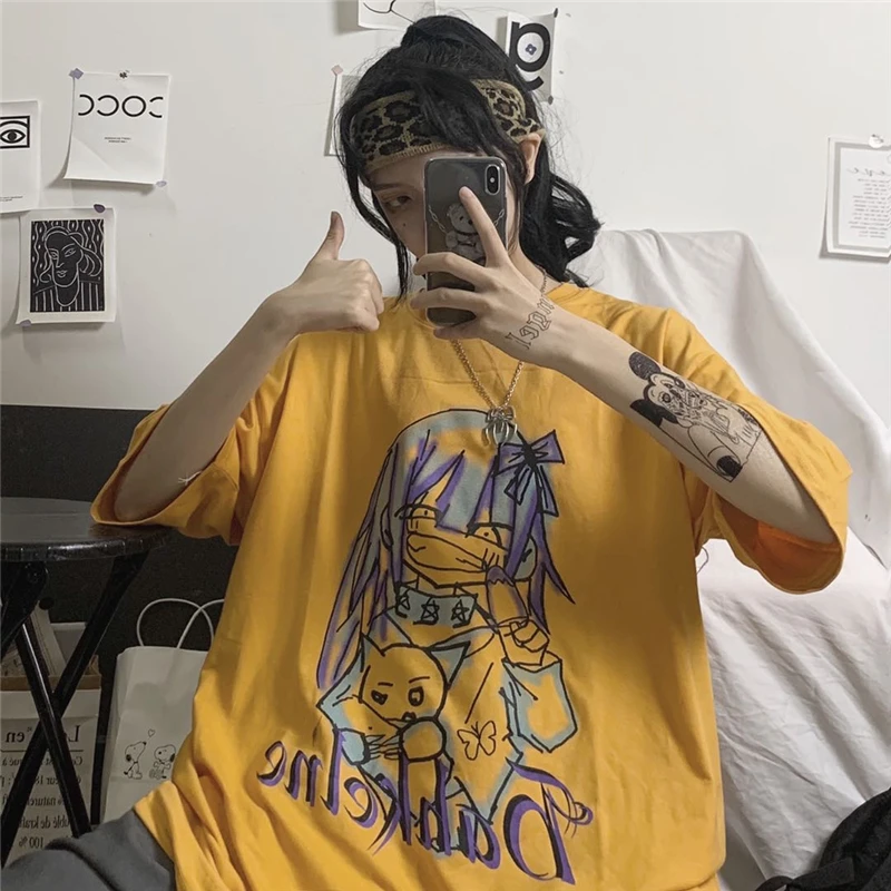 

Y2k Girl Cute O Neck Casual T-shirts White Yellow Female Cartoon Print Loose Short Sleeve T Shirt 2022 Summer Harajuku Basic Top
