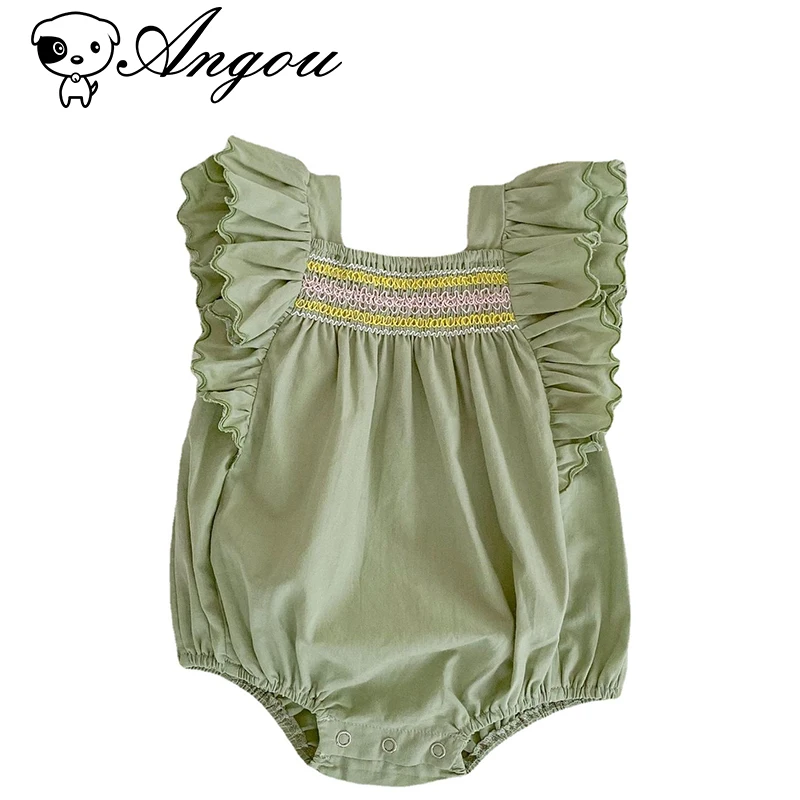 

Angou 2022 Summer Baby Rompers Baby Girl Pure Colour Fashion Embroider Flying Sleeves Triangular Toddler