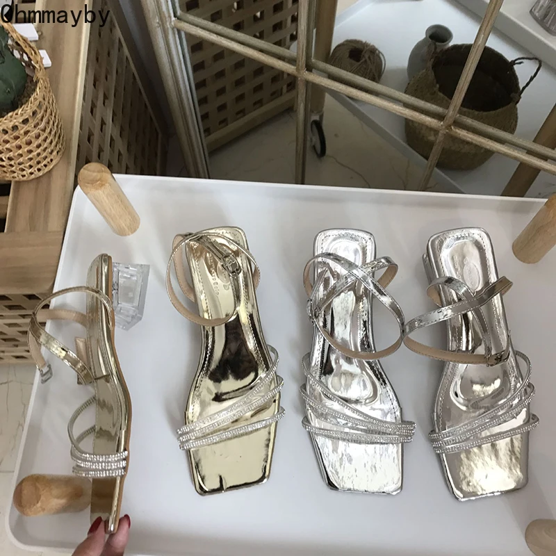 

2022 Summer Crystal Women Open Toe Sandals Thick Low Heel Ladies Elegant Ankle Strap Pumps zapatillas mujer