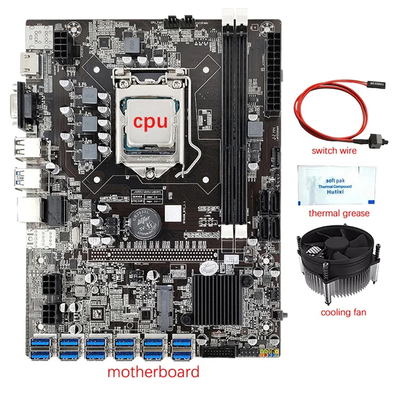

B75 12 GPU Mining Motherboard+CPU+Cooling Fan+Thermal Grease+Switch Line 12 USB3.0 Slot LGA1155 DDR3 SATA3.0 For BTC/ETH