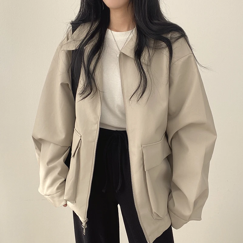 Korean chic vintage lapel large pocket zippered cardigan jacket loose casual long sleeved leather jacket short coat women