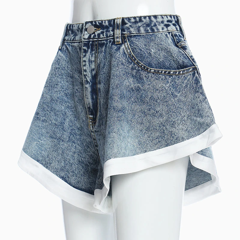 Super Elastic and Breathable Ruffled Big Swing Hit White Denim Shorts Women's Lace High Waist Pocket Zipper New Fashion Autumn