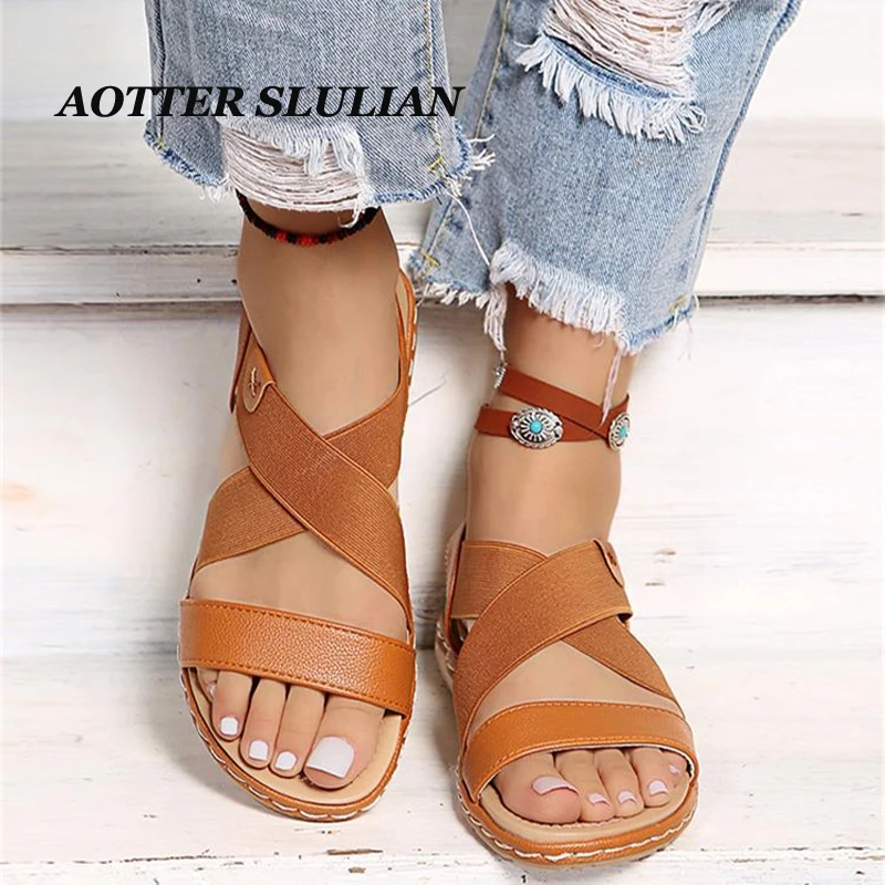 

Женские сандалии в римском стиле, пляжные сандалии из искусственной кожи на плоской подошве, обувь больших размеров 36-42, лето 2022