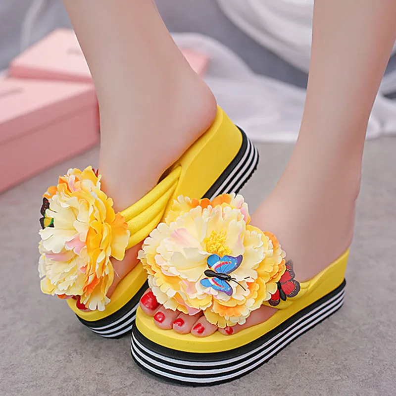 

Fashion Women Slippers Flip Flops Summer Shoes High Heels Wedge Platform Home Shoes Flats Flower Basic Slides Women Size 36-40