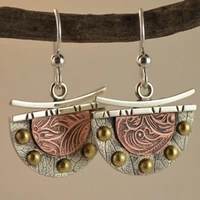 personality semicircle fan shaped metal carving pattern earrings fashion vintage three color dangle earrings for women