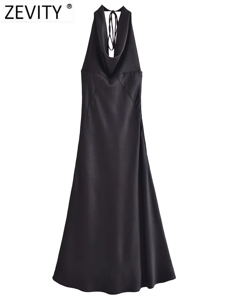 

Zevity Women Fashion Pleats Design Sleeveless Black Satin Halter Dress Office Lady Chic Backless Side Zipper Vestidos DS3294