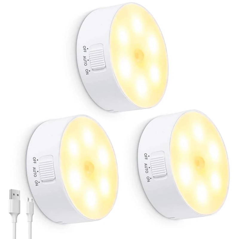 

New 3 Packs LED Night Light Motion Sensor Activated Magnet Stick No As Kitchen Bedroom Closet Toilet Bathroom Cabinet Stair