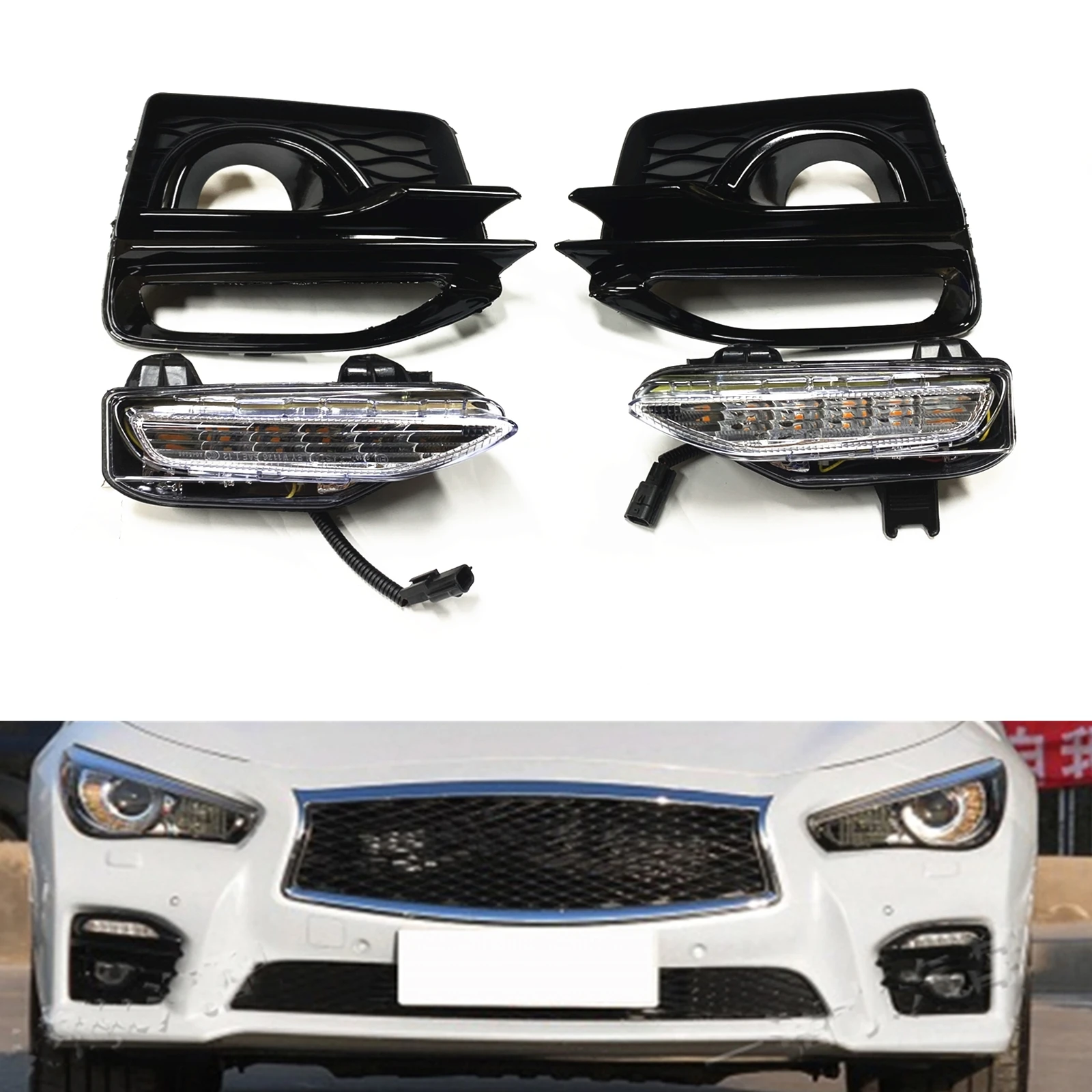 

Front Bumper Fog Lamp Bulb+Bezel Cover For Infiniti Q50 Q50S 2014-2023 Sport Day Daytime Light Turn Signal Air Vent Intake Frame