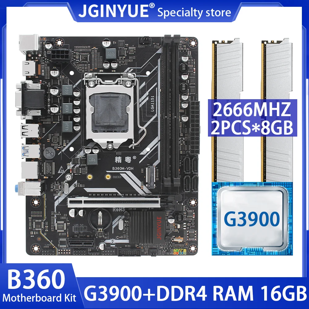 

JGINYUE B360 комплект материнской платы LGA1151 комплект с процессором Intel Core G3900 ЦП DDR4 2 шт. * 8 ГБ 2666 МГц Память ОЗУ M.2 NVME