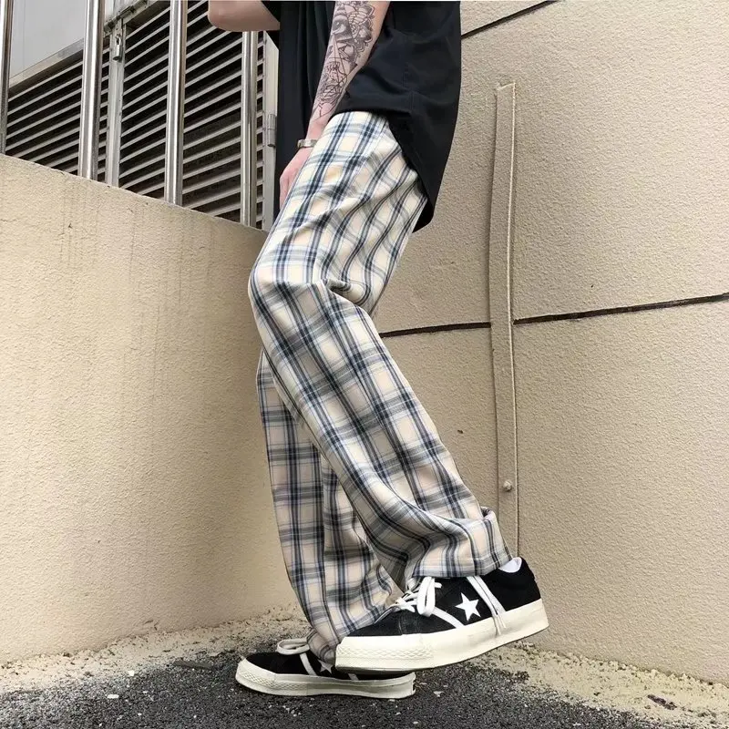 

Dropshipping Streetwear Black Plaid Pants Men Joggers Sweatpants Mens Straight Harem Pants Men Korean Hip Hop Wide Leg Trousers