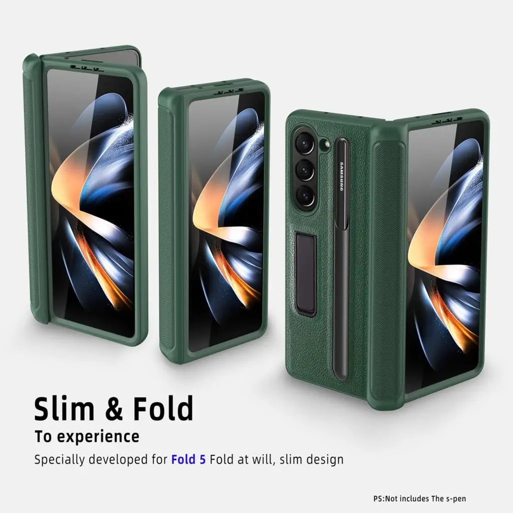 

Чехол для Samsung Galaxy Z Fold 5 Fold5 с петлями и съемным держателем для ручек, противоударный бронированный чехол, жесткий кожаный чехол из поликарбоната с кронштейном