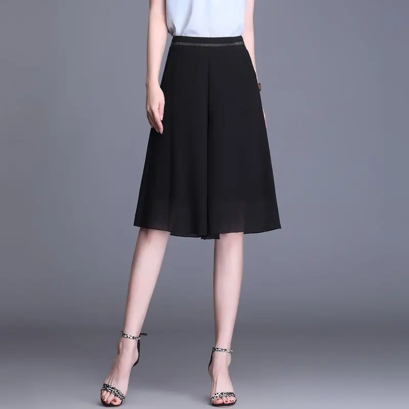Elastic High Waist Slim Elegant Chiffon Capris Female Shorts Skirts Women Summer Wide Leg Medium Long Leisure Loose Trousers W41