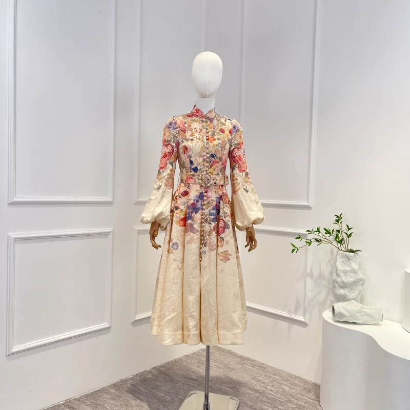 

2023 Spring Summer Top Quality Women Fashion Linen Vintage Floral Print Belt Half High Collar Full Lantern Sleeve Mid-Calf Dress