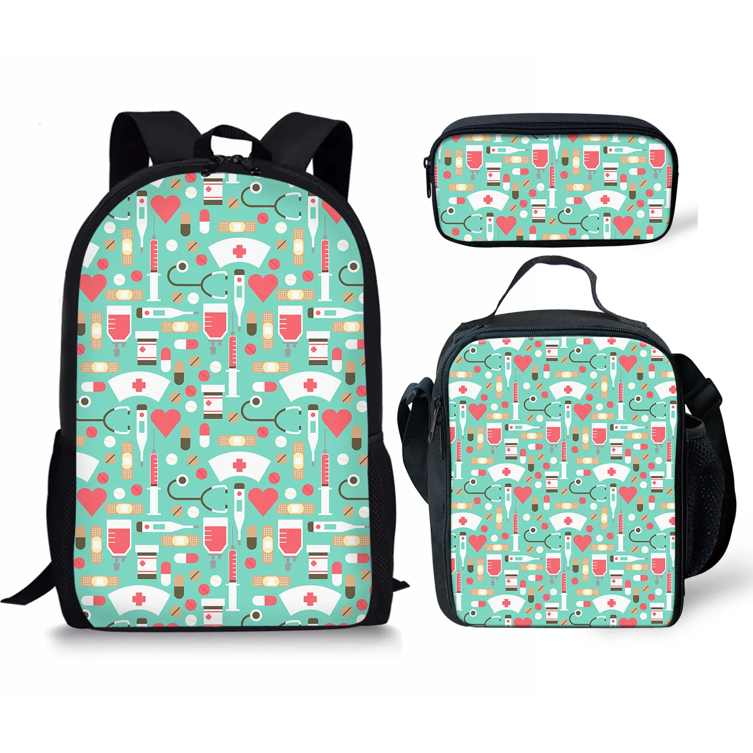 Nurse Topic Printing Pattern School Backpacks & Pencil Bag & Lunch Bag Personalized Kids Daypack New Design Rucksack for Teenage