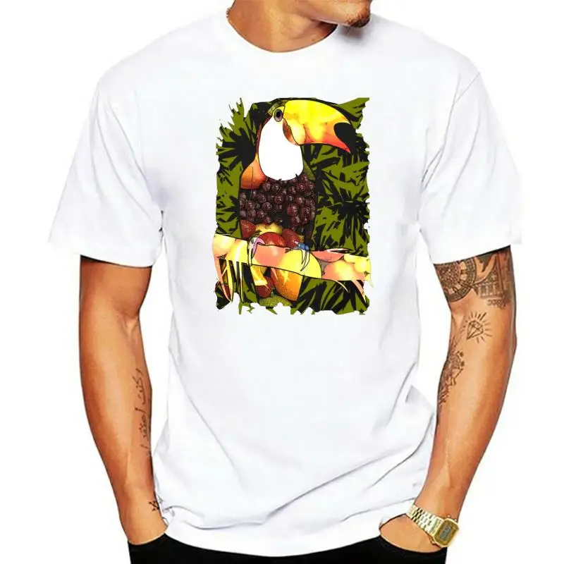

Black T-shirt Man Holiday T Shirts Tropic Tucan Bird & Fruit Food Art Tshirt Vibrant Summer Style Clothing Cotton Top Tee Unique
