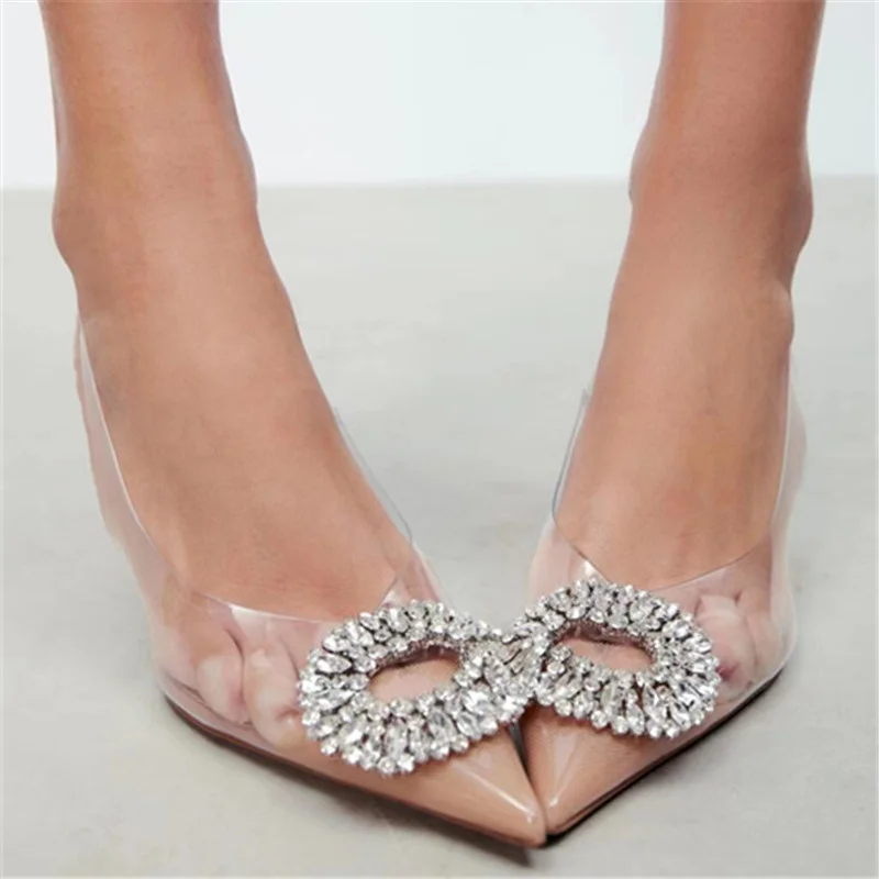 

2023 Womens Sandals Luxury Brand Summer Fashion Transparent Rhinestone Pointed Toe High Heels 8cm Ladies Sexy High Heels