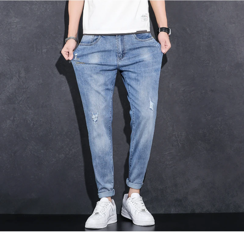 Y2k Streetwear Jeans for Men High Street Fashion Men Clothing Slim Ripped Jeans Mid Waist Cropped Jeans