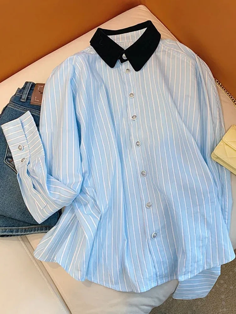 

Patchwork Lapel Shirt For Women Long Sleeve Big Size Loose Striped Single Breasted Female Blusas 2023 Autumn New Tide Top Y750