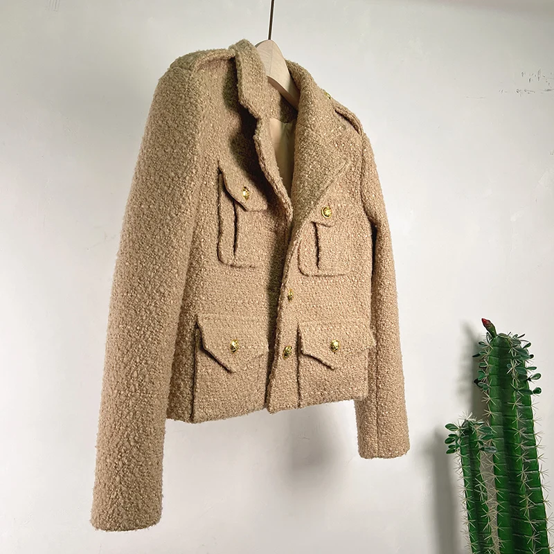 Женская шерстяная твидовая куртка маленькая винтажная кофейного цвета с