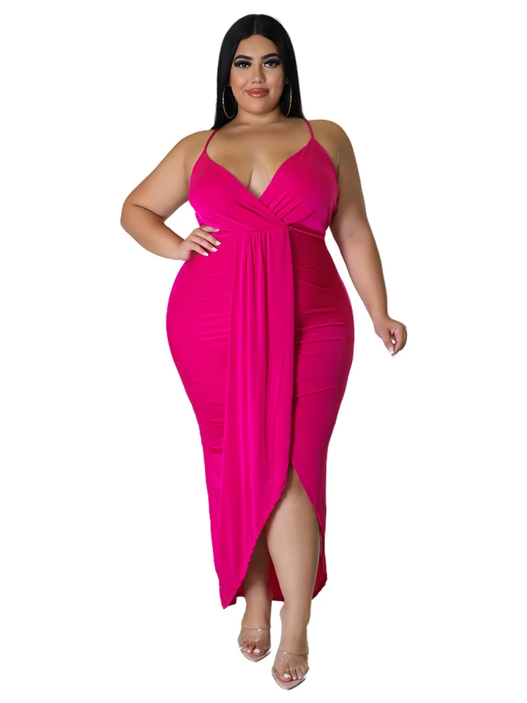 

V Neck Summer Dresses Plus Size 4XL Women Sexy Spaghetti Strap High Waist Backless Irregular Midi Party Dress Outfits 2022
