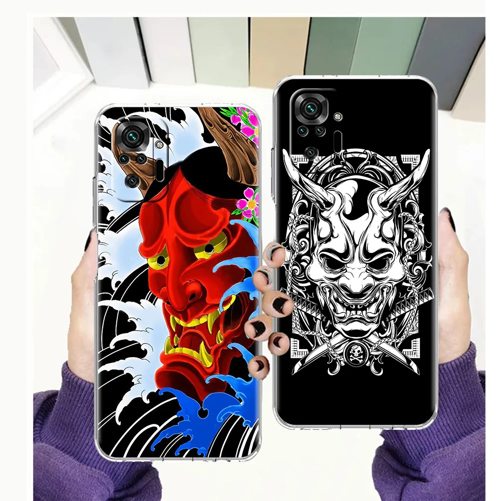 

Japanese Oni Hannya Demon Mask Luxury Transparent Phone Case Cover for Redmi 8 8A 9A 9C 9 Note 7 8 9 10 11 K40 4G Pro Plus Soft