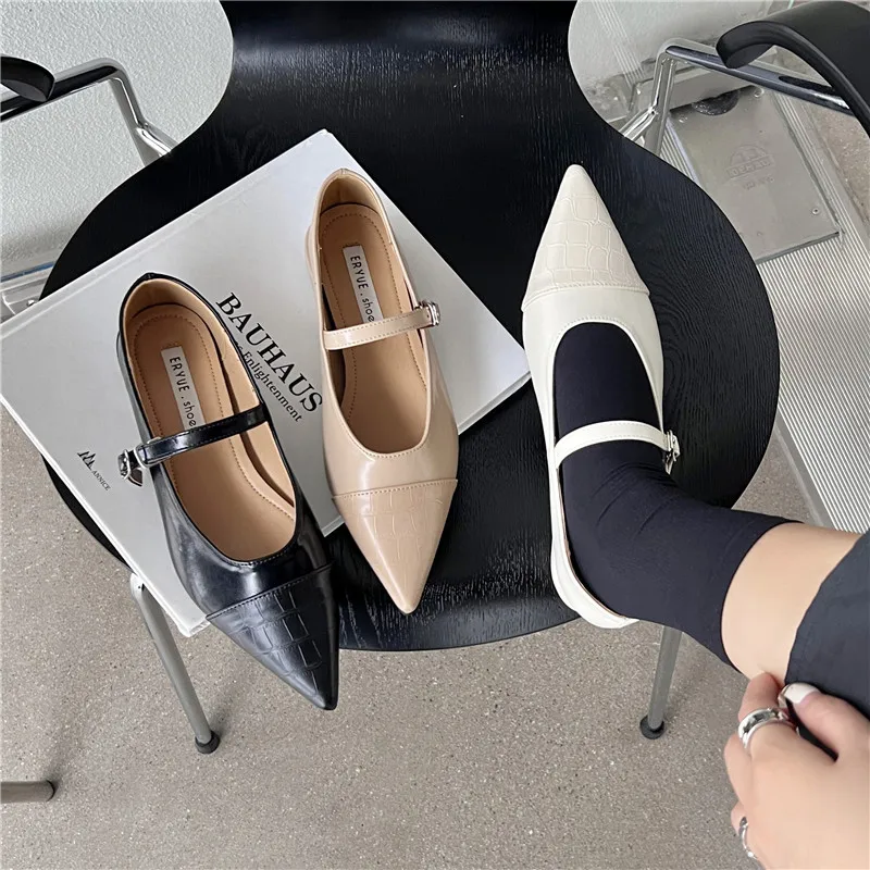 2023 Casual Woman Flats Slip On Ballet Loafers Pointed Toe Shallow Mouth Footwear Retro Fall Dress Shoes Buckle Strap Flats