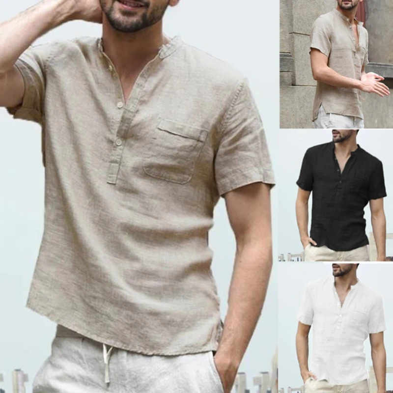 

Футболка мужская повседневная из хлопка и льна, однотонная свободная футболка с коротким рукавом, одежда для мужчин, лето 2023