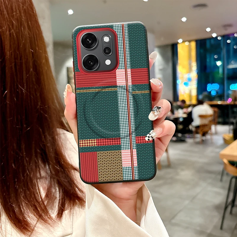 Фото Чехол для Oppo Reno14 Pro, красный, зеленый, в полоску, кожаный чехол Magsafe, индивидуальные металлические ключи, матовый, противоскользящий, мягкий чехол №1