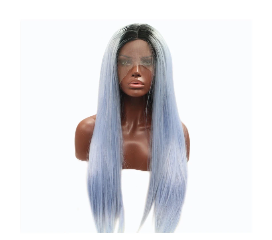light blue ombre Hair Wigs for Women Temperament Oblique Bangs Long Straight Gradient Middle-Aged two color Wigs Natural Hair