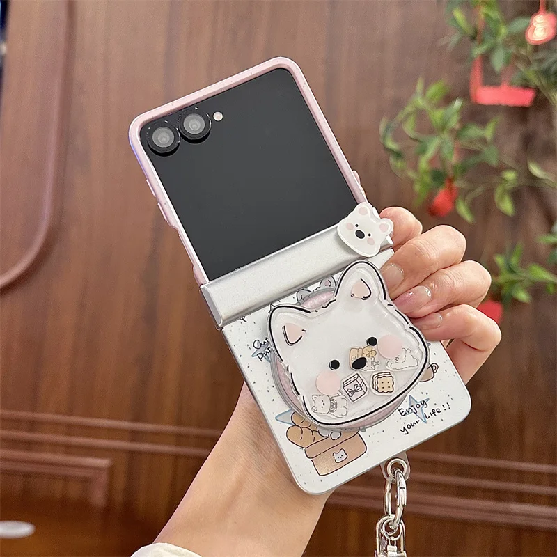 Фото Магнитный чехол для телефона Kawaii с рисунком щенка для Samsung Galaxy Z Flip 7, 6, 5, 4, чехол с цепочкой-подставкой, кавайные шарнирные чехлы Flip7 Funda №1