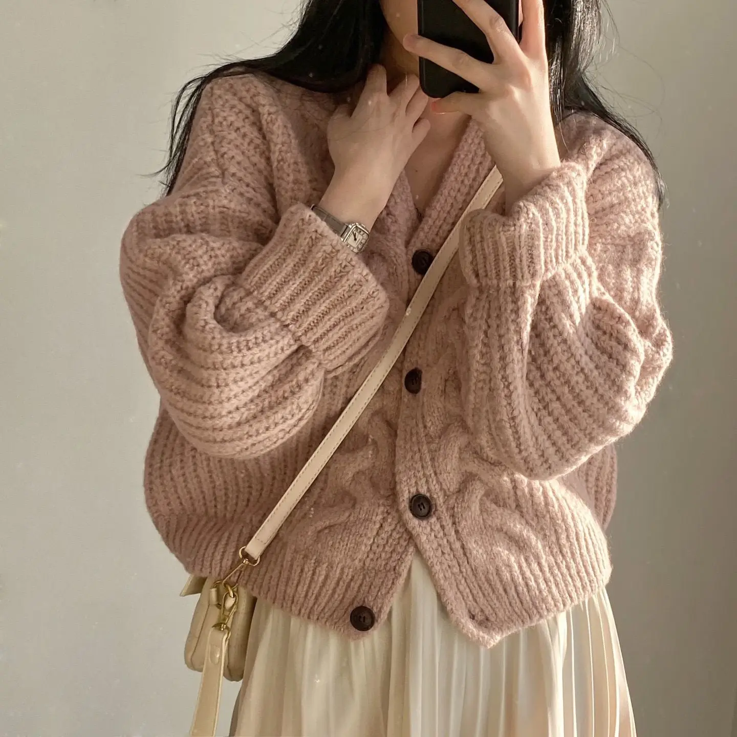 

Women Hong Kong Twist Knitwear Long Sleeve Cardigan Vintage Small Loose Coat French Style Autumn and Winter 2023