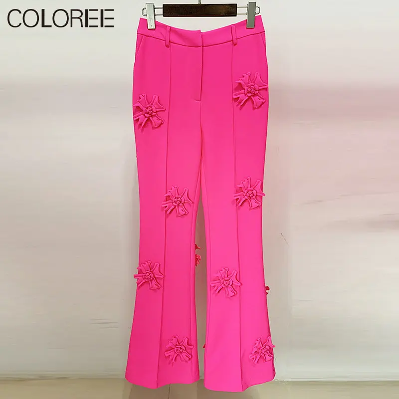 European Luxury Designer Pantalones De Mujer 2023 Spring Pink Elegant Flower Women Pants Korean Fashion Roupa Feminina