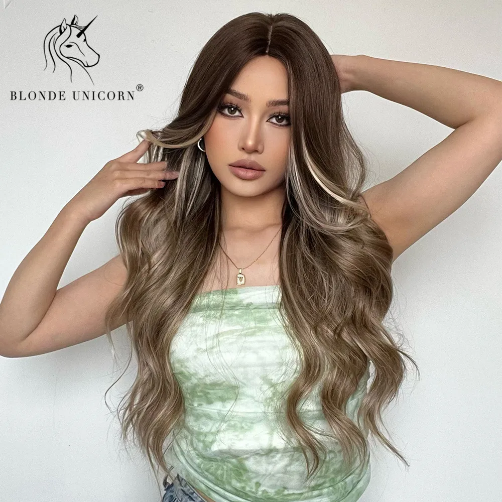 Парик Синтетический блонд Единорог Омбре коричневый с хайлайтером длинные