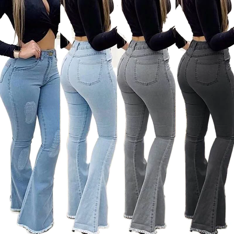 Women Bell Bottom Jeans Ripped Flared Jean Destroyed Raw Hem Boot Cut Denim Pants Stretch Flare Long Pants Mom Jeans Pantalones