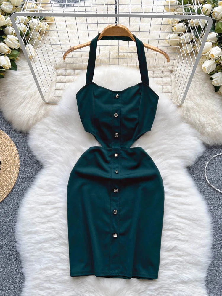 

Hikigawa Chic Fashion Woman Dress Hollow Out Slim Waist Halter Neck Summer Y2k Dresses For Women Vintage Elegant Vestidos Mujer